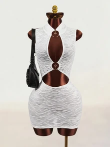 Zolique Summer Sexy Techno Solid Color Hollow Out Fitted Sleeveless Mini Dress Club Party Night Rave White - White - View 1