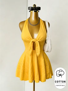 Zolique Women's Solid Color Halter Tie-Up Backless Fashionable Date Mini Dress - Yellow - View 3