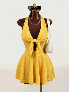 Zolique Women's Solid Color Halter Tie-Up Backless Fashionable Date Mini Dress - Yellow - View 1