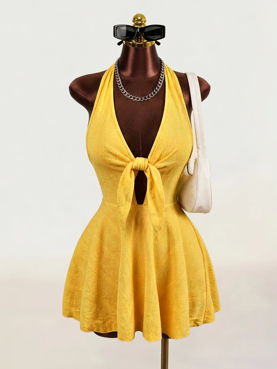 Zolique Women's Solid Color Halter Tie-Up Backless Fashionable Date Mini Dress - Yellow - View 1