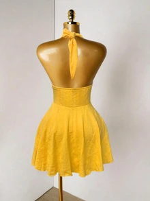 Zolique Women's Solid Color Halter Tie-Up Backless Fashionable Date Mini Dress - Yellow - View 2