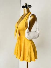 Zolique Women's Solid Color Halter Tie-Up Backless Fashionable Date Mini Dress - Yellow - View 4
