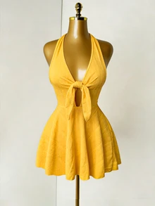 Zolique Women's Solid Color Halter Tie-Up Backless Fashionable Date Mini Dress - Yellow - View 5