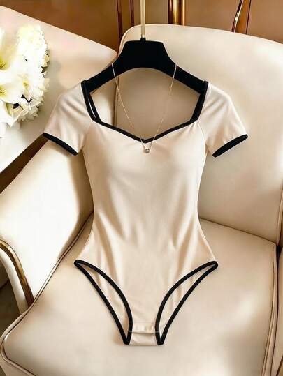 SHEIN Franclia Jumpsuit Kasual Slim Fit Leher Persegi Blok Warna untuk Perjalanan Musim Panas, Liburan Pantai, Seksi, Hot Girl Wanita