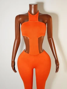 Zolique Women's Sexy Vacation Style Solid Color Backless Twist Neck Jumpsuit - Orange - View 6