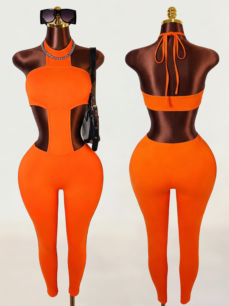 Zolique Women's Sexy Vacation Style Solid Color Backless Twist Neck Jumpsuit - Orange - View 1