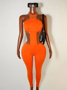 Zolique Women's Sexy Vacation Style Solid Color Backless Twist Neck Jumpsuit - Orange - View 5