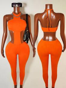 Zolique Women's Sexy Vacation Style Solid Color Backless Twist Neck Jumpsuit - Orange - View 3