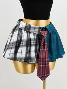 Zolique 女士多色格子拼接A字迷你裙 - 綠色 - 查看 5