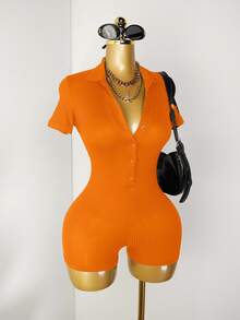 Zolique Casual Women's Orange Short Sleeve Collar Neck Rib-Knit Short Unitard - Orange - View 6