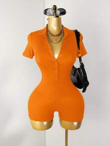 Zolique Casual Women's Orange Short Sleeve Collar Neck Rib-Knit Short Unitard - Orange - View 7