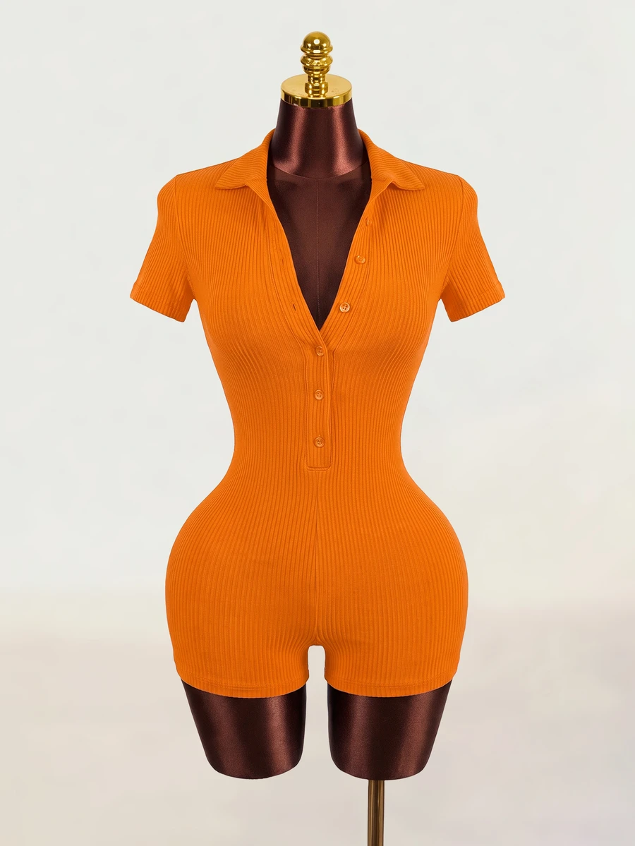 Zolique Casual Women's Orange Short Sleeve Collar Neck Rib-Knit Short Unitard - Orange - View 1