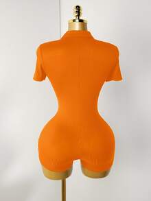Zolique Casual Women's Orange Short Sleeve Collar Neck Rib-Knit Short Unitard - Orange - View 4