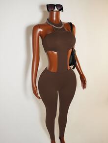 Zolique Bodysuit Wanita Seksi Minimalis Warna Polos Tanpa Punggung dengan Ikatan di Depan, Musim Panas - Coklat - View 8