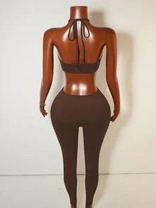 Zolique Bodysuit Wanita Seksi Minimalis Warna Polos Tanpa Punggung dengan Ikatan di Depan, Musim Panas - Coklat - View 2