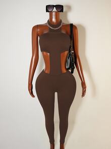 Zolique Bodysuit Wanita Seksi Minimalis Warna Polos Tanpa Punggung dengan Ikatan di Depan, Musim Panas - Coklat - View 4