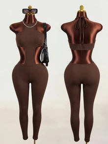 Zolique Bodysuit Wanita Seksi Minimalis Warna Polos Tanpa Punggung dengan Ikatan di Depan, Musim Panas - Coklat - View 1