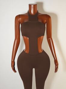 Zolique Bodysuit Wanita Seksi Minimalis Warna Polos Tanpa Punggung dengan Ikatan di Depan, Musim Panas - Coklat - View 7