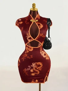 Zolique 性感女士镂空立领纽扣仿旗袍连衣裙 - 彩色 - 查看 1