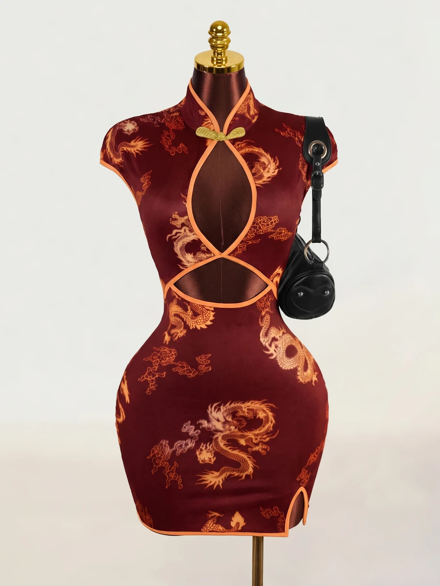 Zolique 性感女士镂空立领纽扣仿旗袍连衣裙 - 彩色 - 查看 1