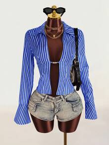 Zolique Women's Fashion Sexy Striped Print Flare Sleeve Blouse - Blue and White - View 1