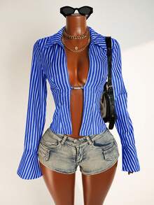 Zolique Women's Fashion Sexy Striped Print Flare Sleeve Blouse - Blue and White - View 3