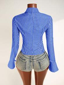 Zolique Women's Fashion Sexy Striped Print Flare Sleeve Blouse - Blue and White - View 2