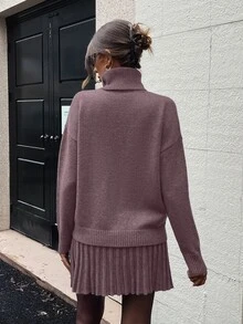 SHEIN Clasi Bộ 2 món áo len cổ cao tay dài và chân váy nữ màu trơn phong cách tối giản thường ngày, mặc đi brunch và ăn uống, màu tím mauve, mùa thu - Màu tím  Violet - Xem 2