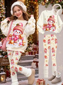 聖誕快樂，青少年女孩休閒可愛聖誕雪人圖案、波點雪花、米色、節慶保暖內裡厚款圓領長袖運動衫與內搭褲，適合秋冬、秋季風格、秋季穿搭、舒適 - 彩色 - 查看 1