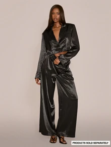 MUSERA Satin V Plunge Lapel Button Through Boxy Cropped Blazer Top Sexy Evening Night Going Out Fall Winter Autumn Solitude - Black - View 2