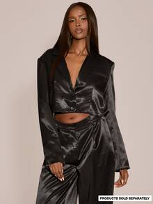 MUSERA Satin V Plunge Lapel Button Through Boxy Cropped Blazer Top Sexy Evening Night Going Out Fall Winter Autumn Solitude - Black - View 1