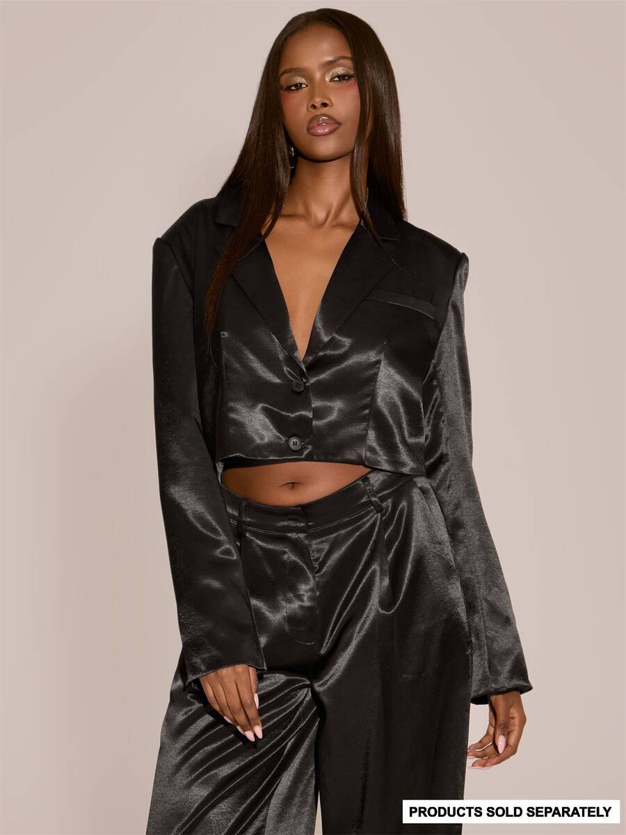 MUSERA Satin V Plunge Lapel Button Through Boxy Cropped Blazer Top Sexy Evening Night Going Out Fall Winter Autumn Solitude - Black - View 1