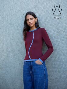 Nöista Burgundy Fitted Top With Contrast Buttons. Fall Winter, Casual, Back To School, Christmas. - Brown - View 3
