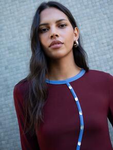 Nöista Burgundy Fitted Top With Contrast Buttons. Fall Winter, Casual, Back To School, Christmas. - Brown - View 4