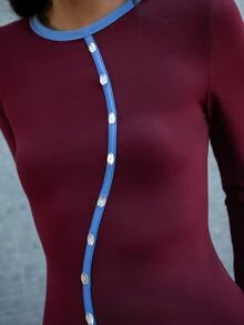 Nöista Burgundy Fitted Top With Contrast Buttons. Fall Winter, Casual, Back To School, Christmas. - Brown - View 7