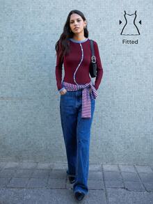 Nöista Burgundy Fitted Top With Contrast Buttons. Fall Winter, Casual, Back To School, Christmas. - Brown - View 1