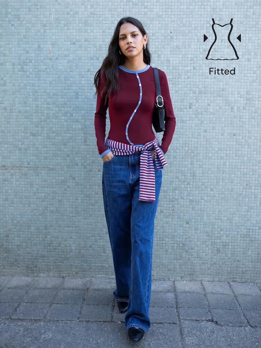 Nöista Burgundy Fitted Top With Contrast Buttons. Fall Winter, Casual, Back To School, Christmas. - Brown - View 1