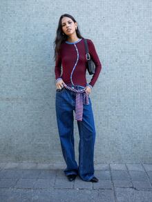 Nöista Burgundy Fitted Top With Contrast Buttons. Fall Winter, Casual, Back To School, Christmas. - Brown - View 5