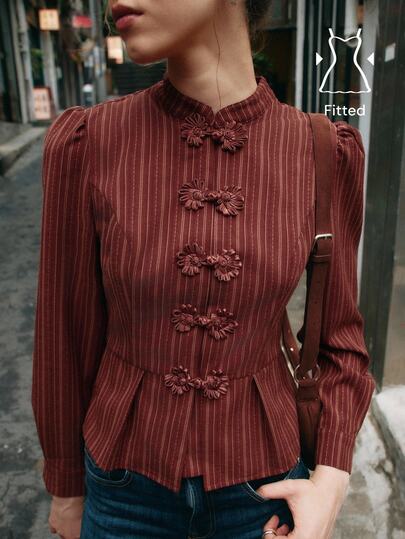 Nöista Dark Red Striped, Chinese Button-Down, Fitted Waist, Ruffled Long-Sleeved Shirt. Elegant. Casual, Festive Gatherings. Fall Winter, Going Out..