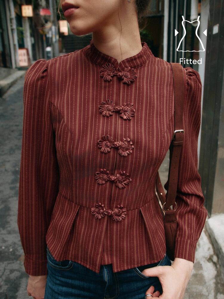 Nöista Dark Red Striped, Chinese Button-Down, Fitted Waist, Ruffled Long-Sleeved Shirt. Elegant. Casual, Festive Gatherings. Fall Winter, Going Out.. - Burgundy - View 3