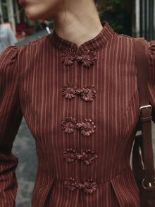 Nöista Dark Red Striped, Chinese Button-Down, Fitted Waist, Ruffled Long-Sleeved Shirt. Elegant. Casual, Festive Gatherings. Fall Winter, Going Out.. - Burgundy - View 5