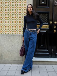 Nöista Navy Knit Sweater With A Mandarin Collar And Metallic Button Detail At The Neckline.Fall,Winter, Everyday Look, Back To School, Elegant.Chic.Cozy. - Navy Blue - View 4