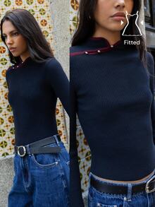 Nöista Navy Knit Sweater With A Mandarin Collar And Metallic Button Detail At The Neckline.Fall,Winter, Everyday Look, Back To School, Elegant.Chic.Cozy. - Navy Blue - View 1