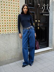 Nöista Navy Knit Sweater With A Mandarin Collar And Metallic Button Detail At The Neckline.Fall,Winter, Everyday Look, Back To School, Elegant.Chic.Cozy. - Navy Blue - View 3