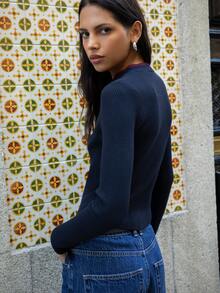 Nöista Navy Knit Sweater With A Mandarin Collar And Metallic Button Detail At The Neckline.Fall,Winter, Everyday Look, Back To School, Elegant.Chic.Cozy. - Navy Blue - View 5