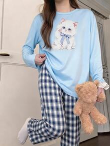 4pcs Girls' Teenager 4-Piece Lounge Set, Long Sleeve Top With Cut-Out Print, All-Over Digital Print Long Pants, Milk Silk Fabric Comfortable Homewear - Blue and White - View 3