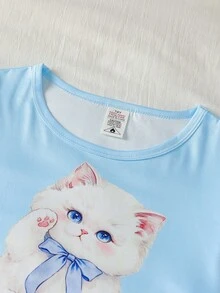 4pcs Girls' Teenager 4-Piece Lounge Set, Long Sleeve Top With Cut-Out Print, All-Over Digital Print Long Pants, Milk Silk Fabric Comfortable Homewear - Blue and White - View 8