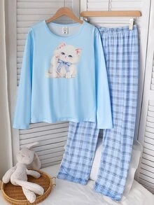 4pcs Girls' Teenager 4-Piece Lounge Set, Long Sleeve Top With Cut-Out Print, All-Over Digital Print Long Pants, Milk Silk Fabric Comfortable Homewear - Blue and White - View 6