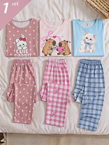 4pcs Girls' Teenager 4-Piece Lounge Set, Long Sleeve Top With Cut-Out Print, All-Over Digital Print Long Pants, Milk Silk Fabric Comfortable Homewear - Blue and White - View 1