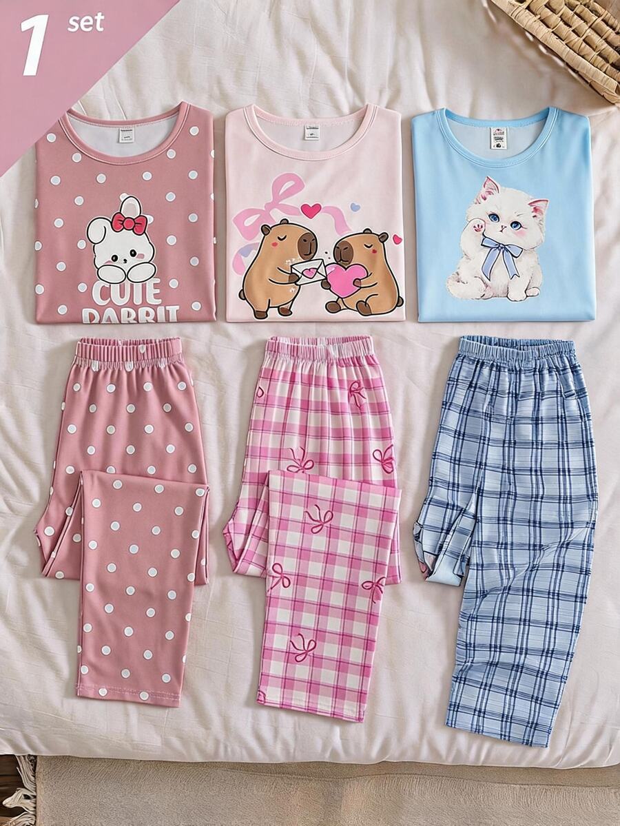 4pcs Girls' Teenager 4-Piece Lounge Set, Long Sleeve Top With Cut-Out Print, All-Over Digital Print Long Pants, Milk Silk Fabric Comfortable Homewear - Blue and White - View 1